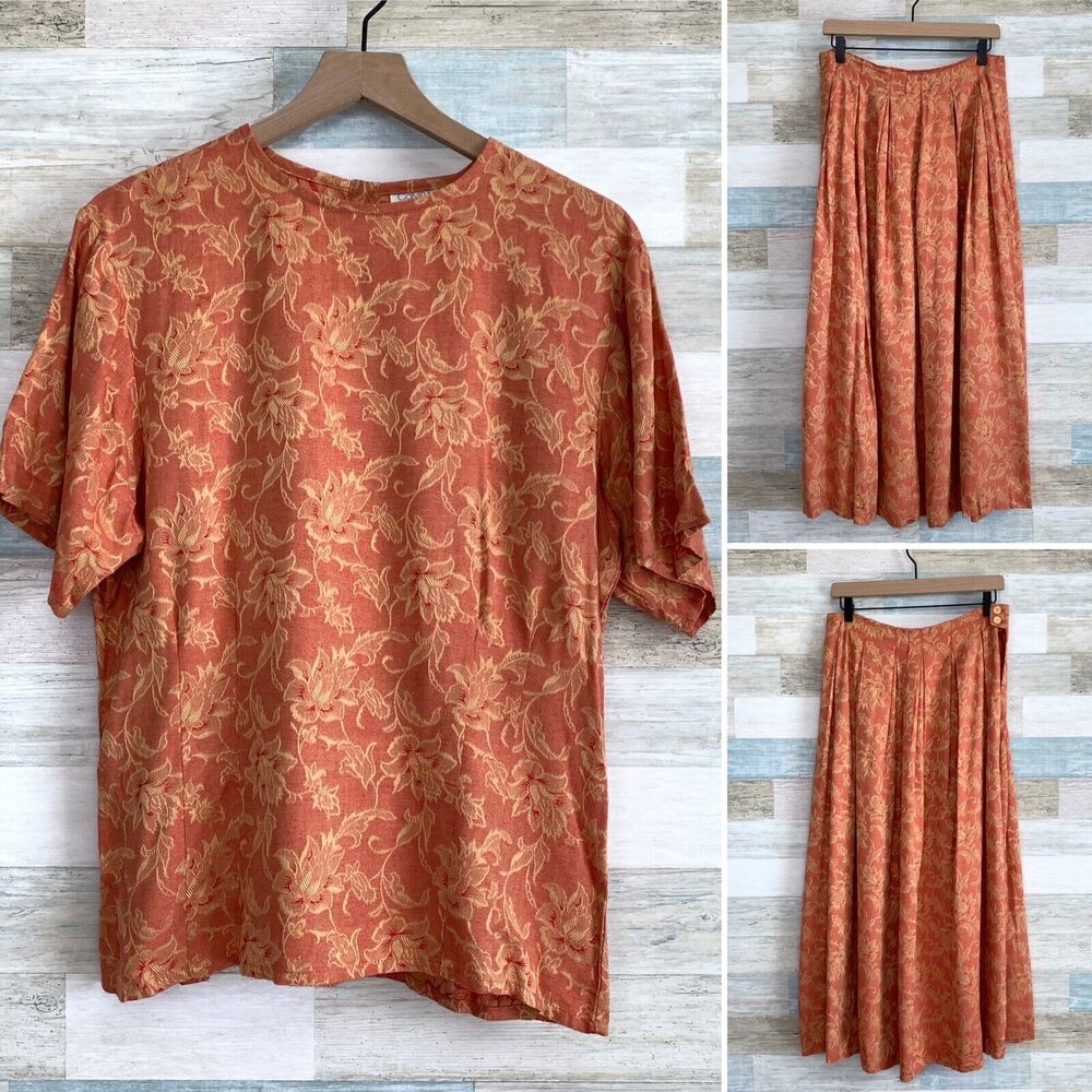 Calvin Klein Studio VTG Japanese Floral Jacquard Skirt Set Orange Womens 10 12